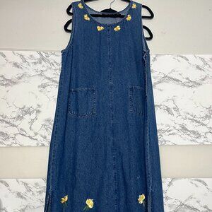 Agapo women's vintage denim maxi dress with embroidered yellow flowers, XL